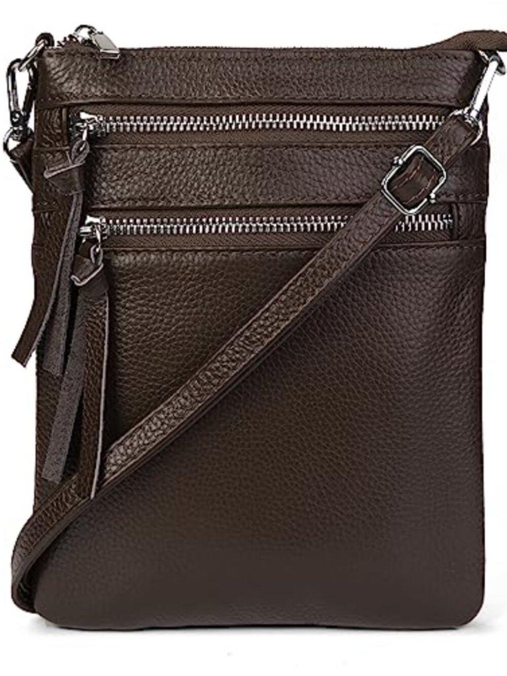 Genuine Leather Crossbody Bag Triple Zip Adjustable Strap Small Purse